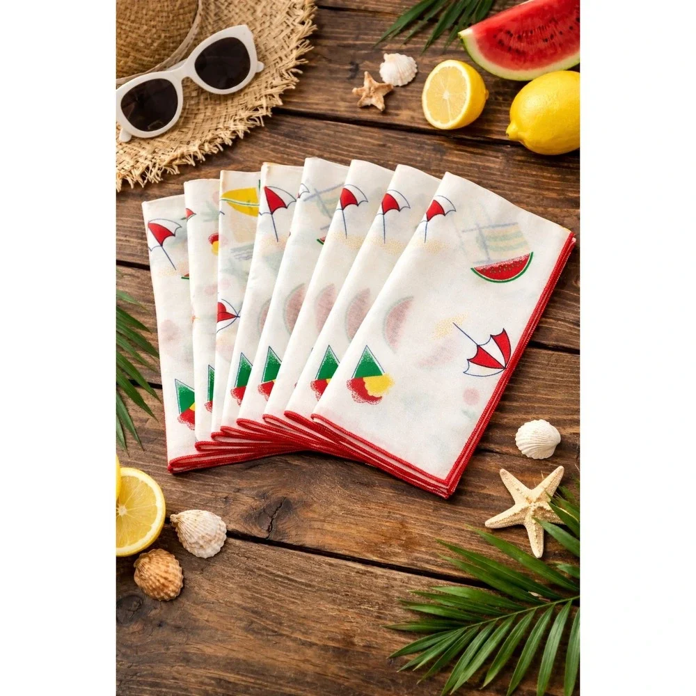 Vintage Summer Beach Napkins Set of‎ 8 Red Trim Watermelon Sailboat NOS 17x17
